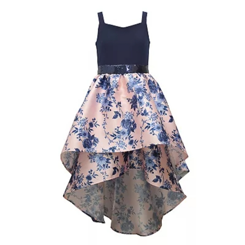 Bonnie Jean Sleeveless Crepe & Floral High-Low Hem Party Dress - Girls 8
